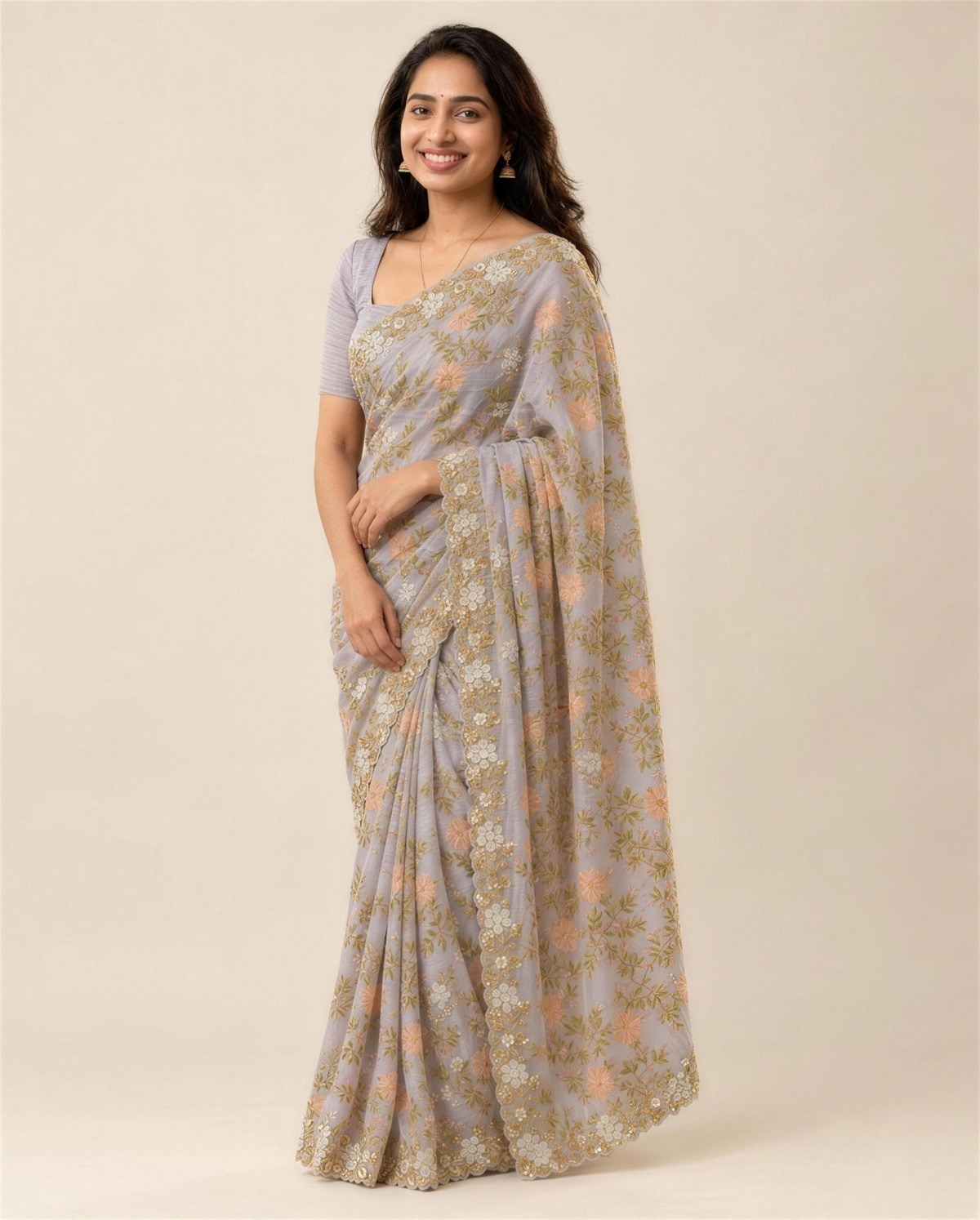 Lilac Crepe Silk Gota Saree, On model