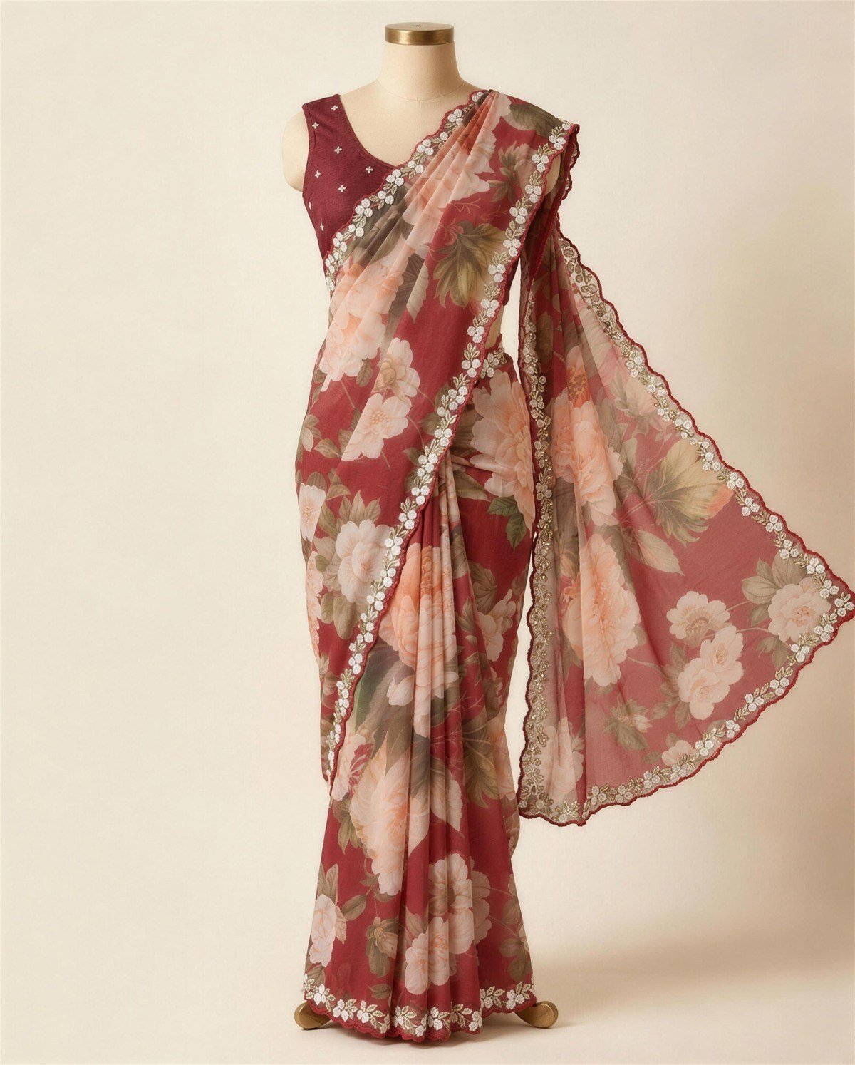 Maroon Floral Mirror Saree