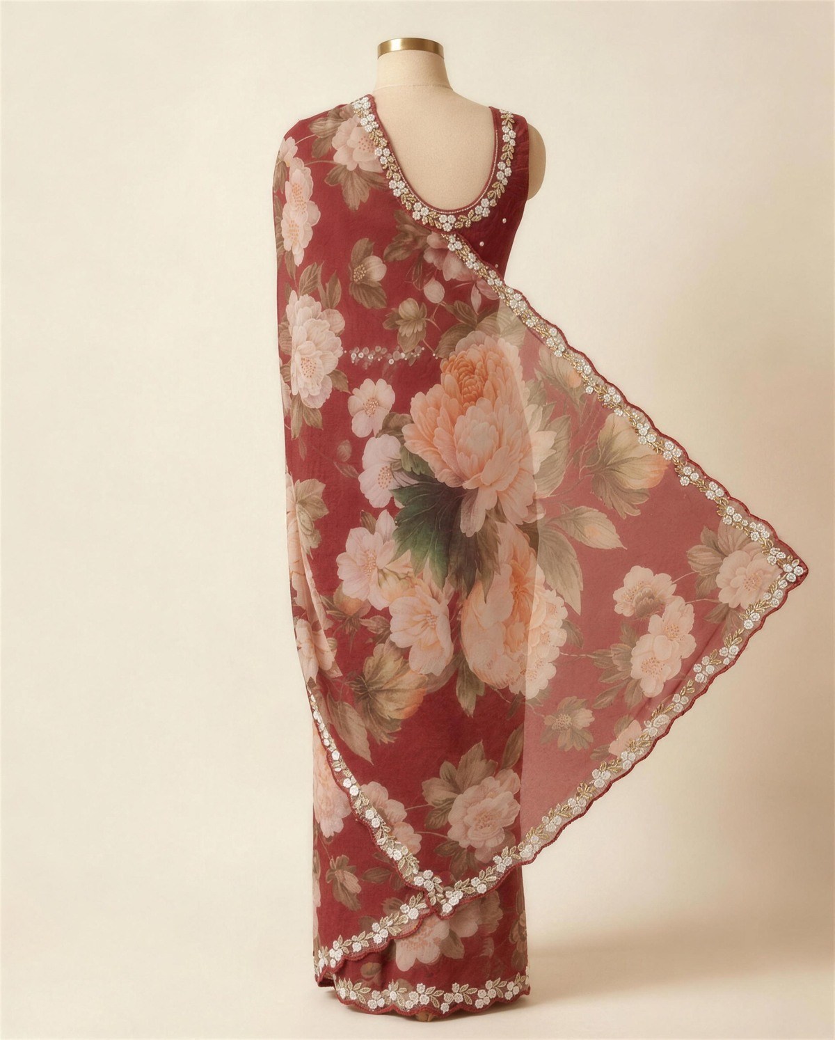 Maroon Floral Mirror Saree, Back