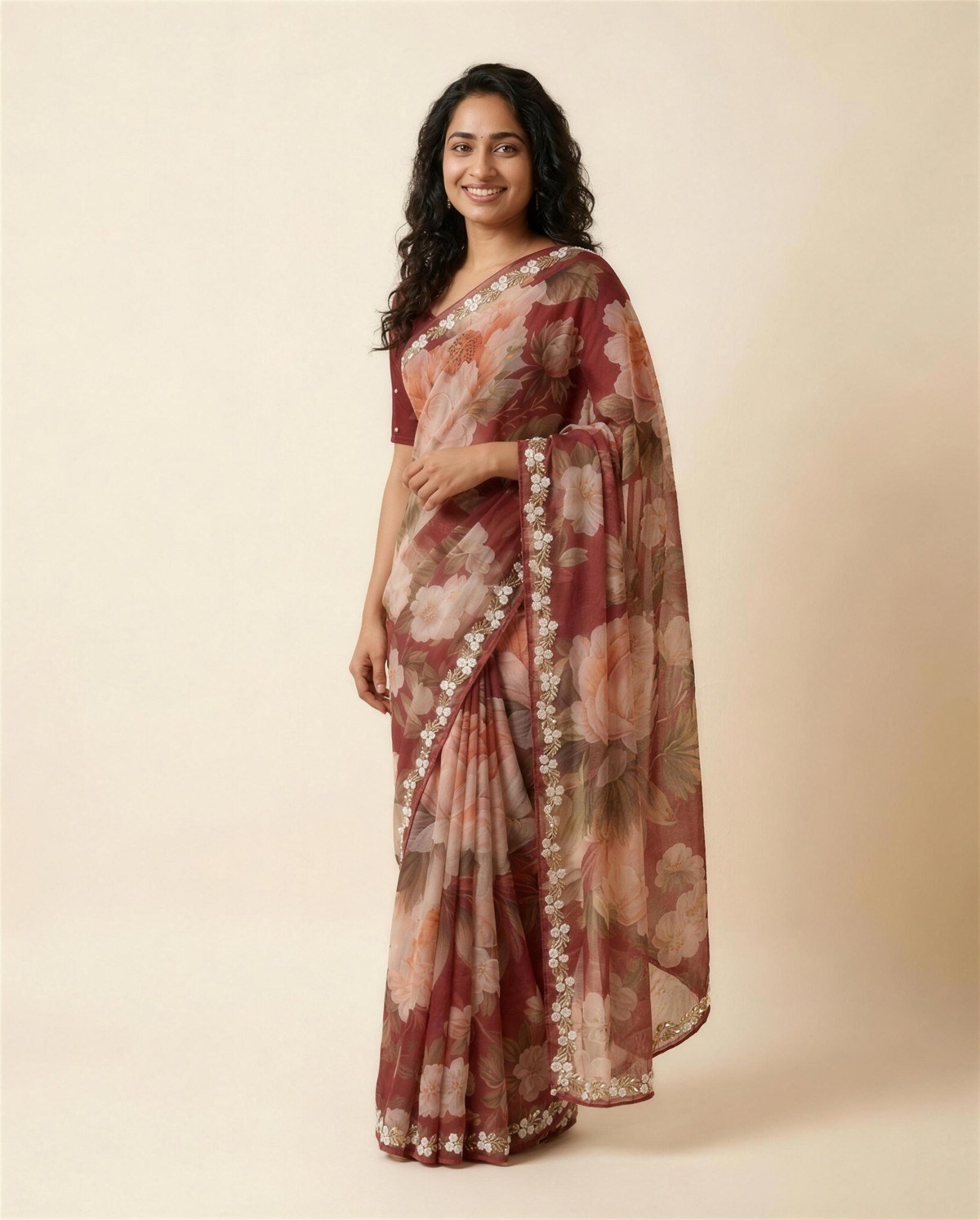 Maroon Floral Mirror Saree, On model
