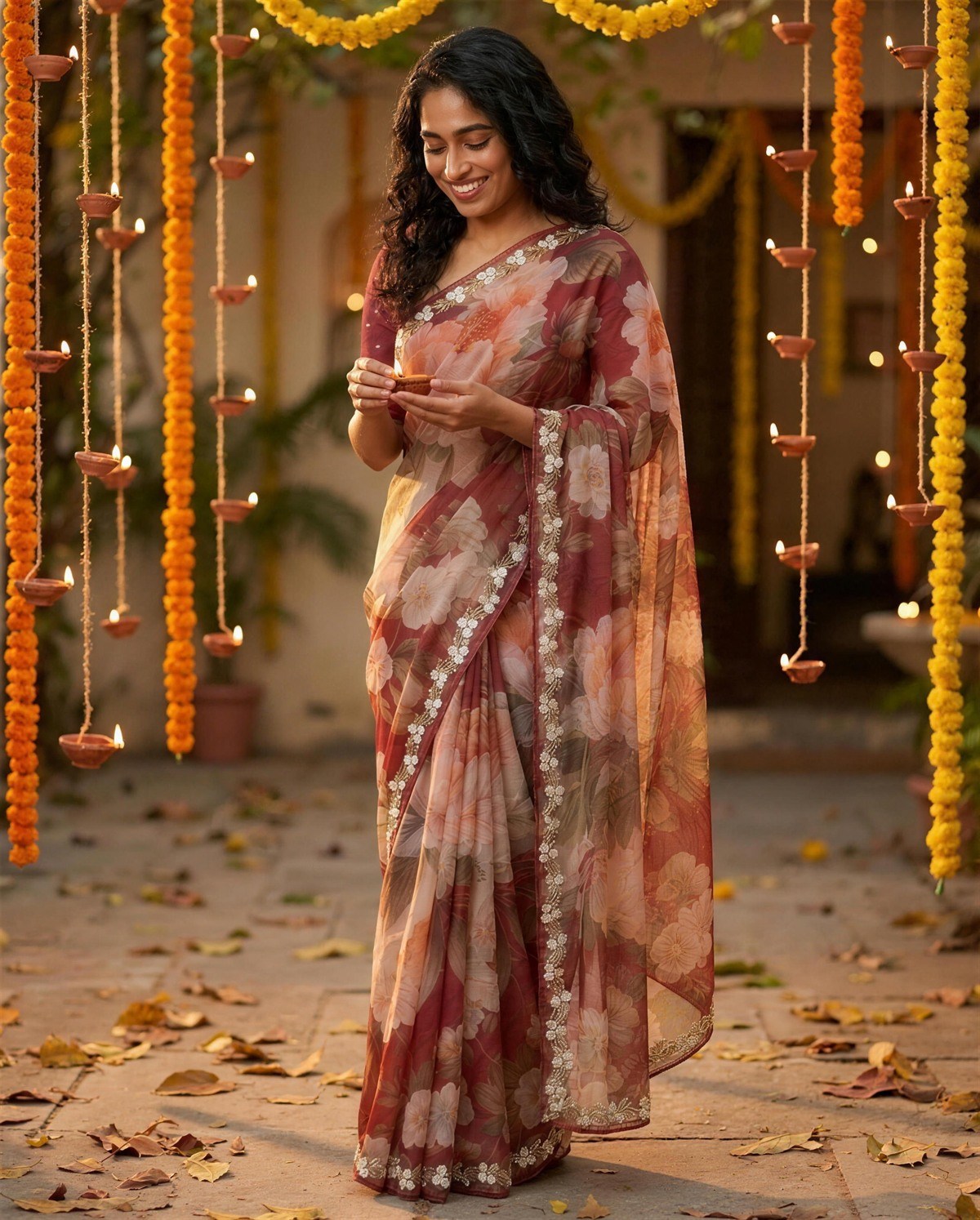 Maroon Floral Mirror Saree, Styled