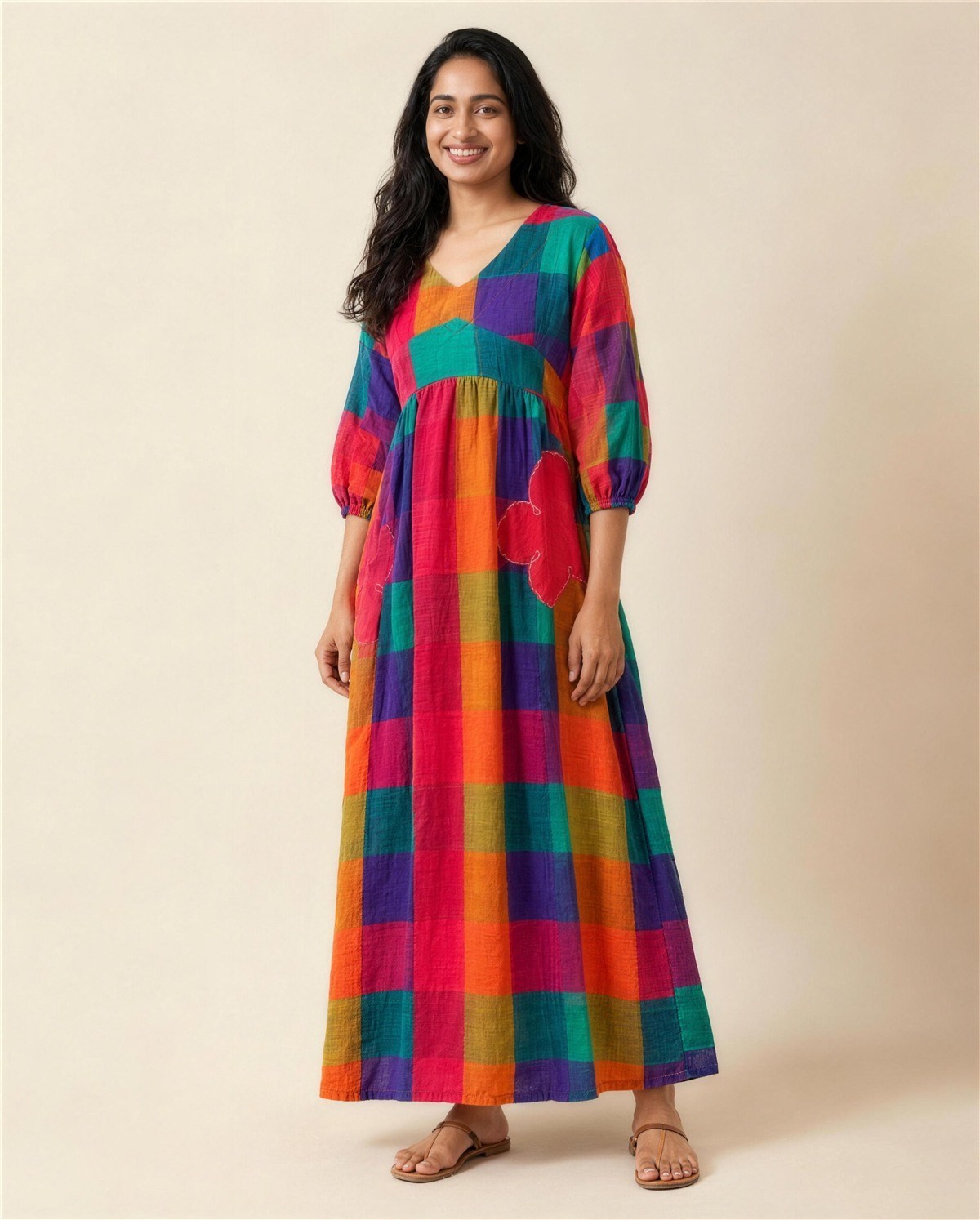 Multicoloured Empire-Waist Dress, On model