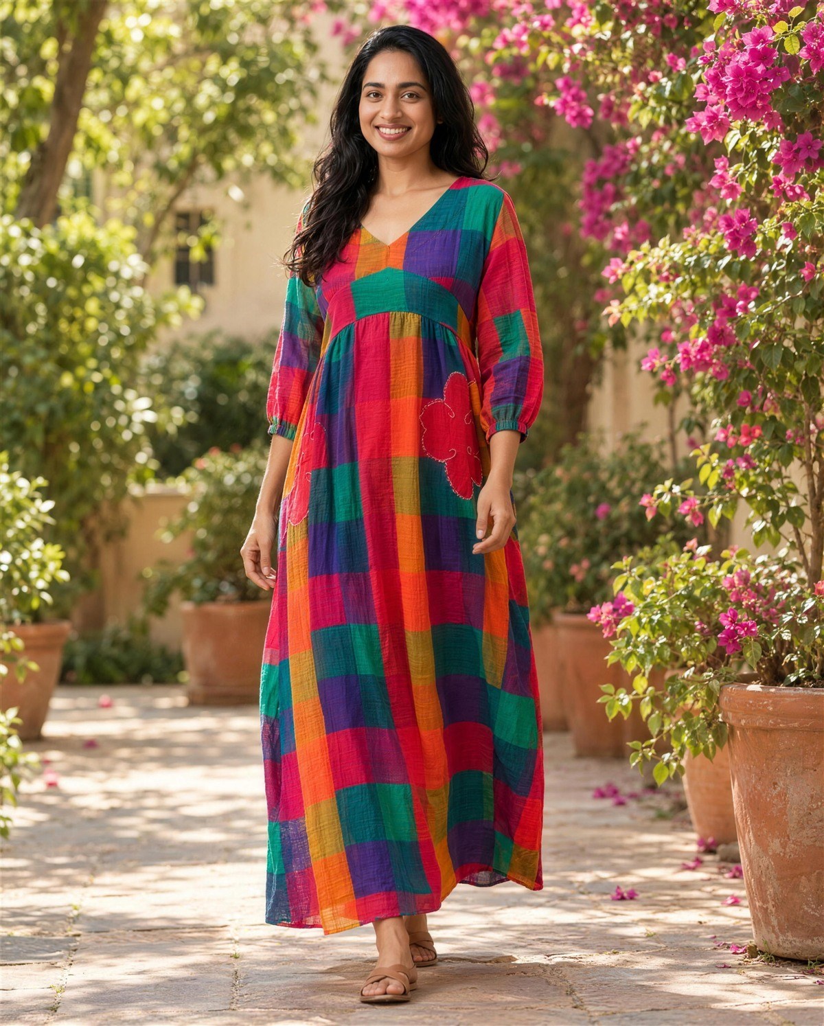 Multicoloured Empire-Waist Dress, Styled