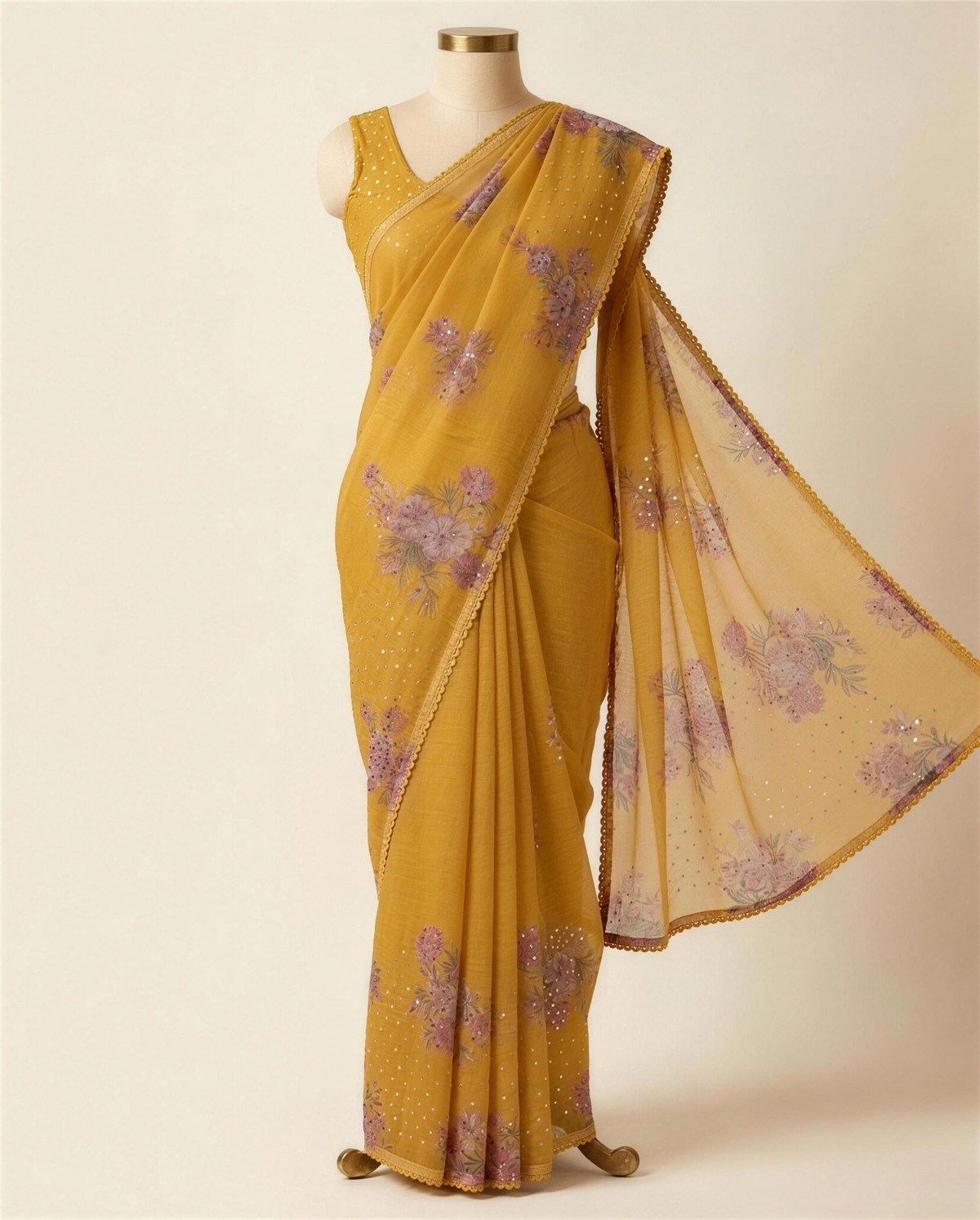 Mustard Floral Organza Saree