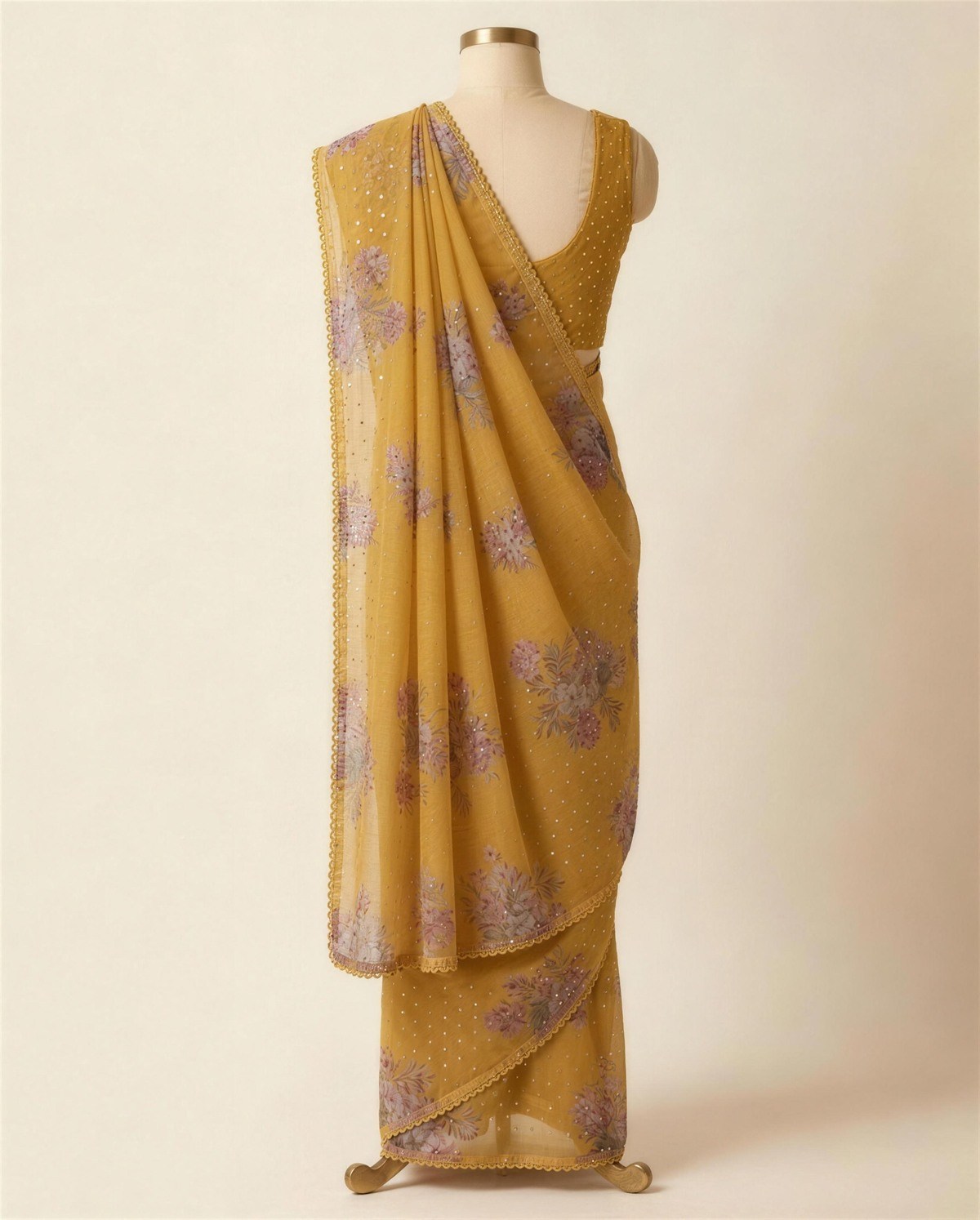 Mustard Floral Organza Saree, Back