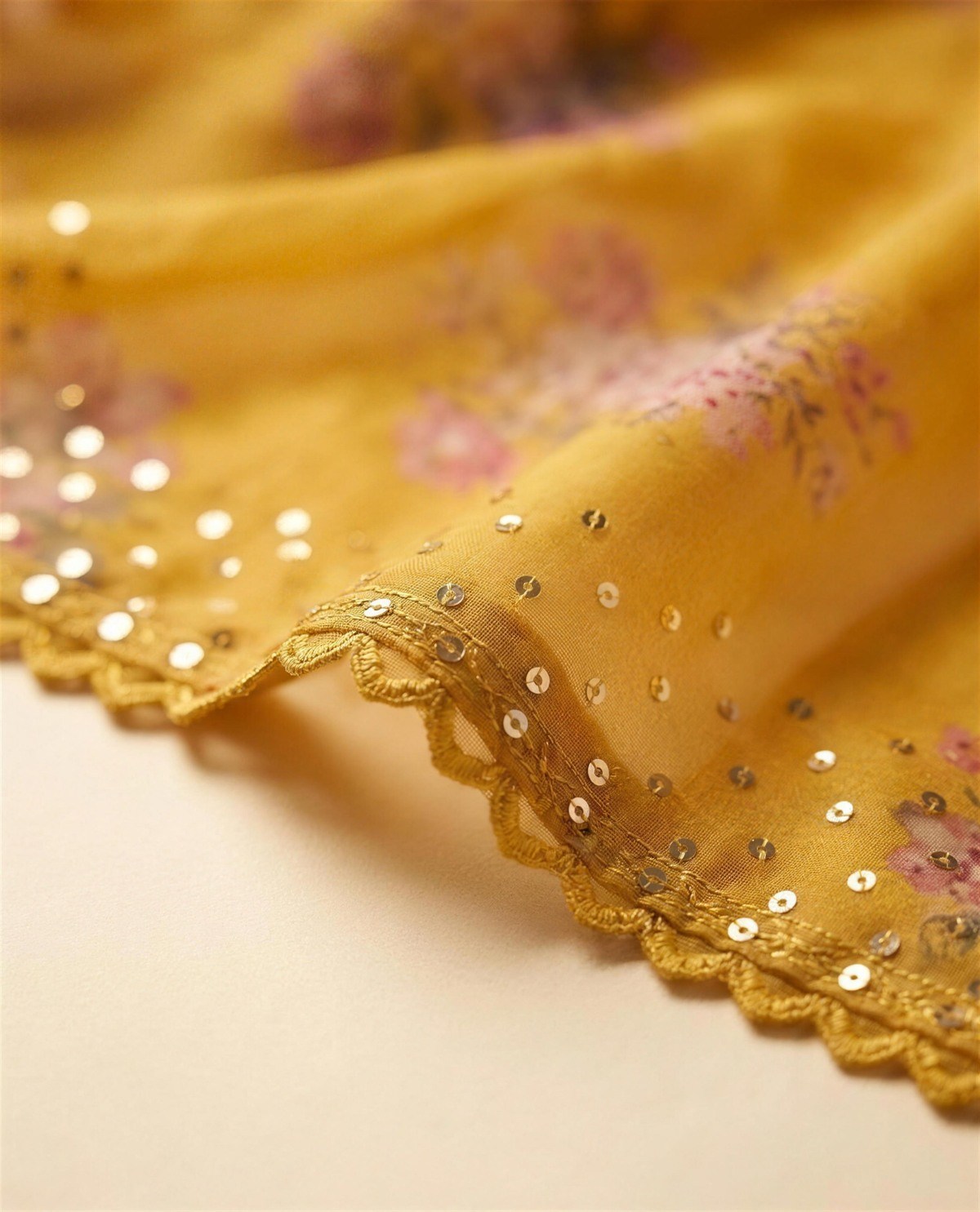 Mustard Floral Organza Saree, Detail