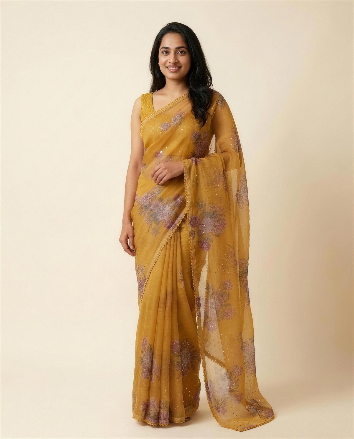 Mustard Floral Organza Saree, On model