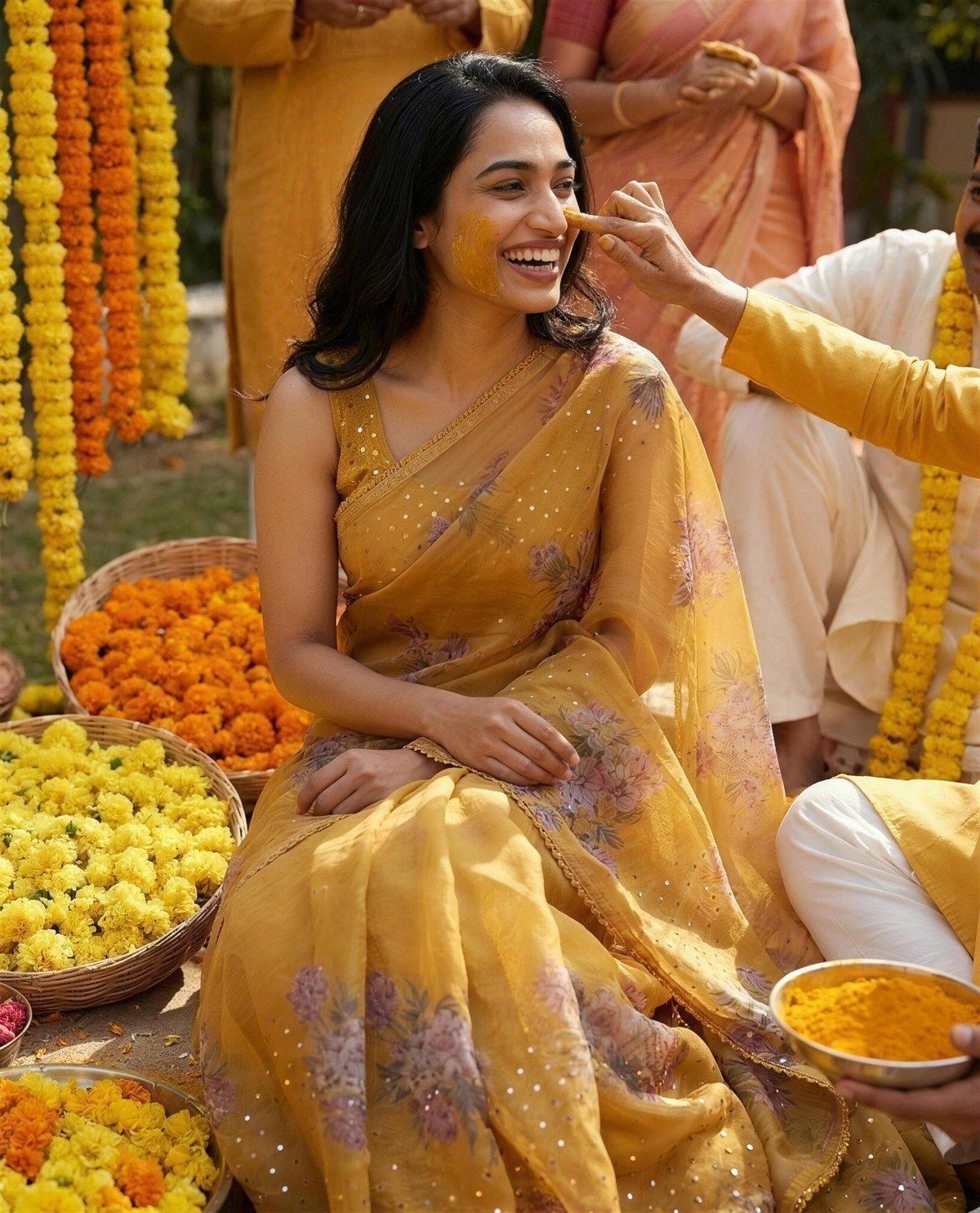 Mustard Floral Organza Saree, Styled