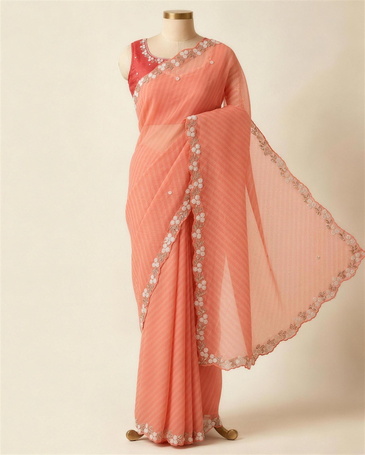 Orange Organza Embroidered Saree