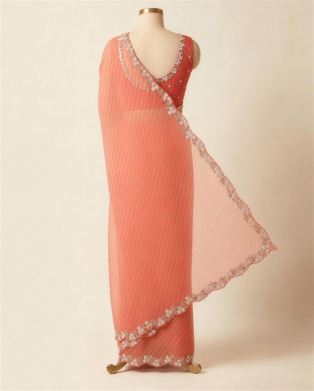 Orange Organza Embroidered Saree, Back