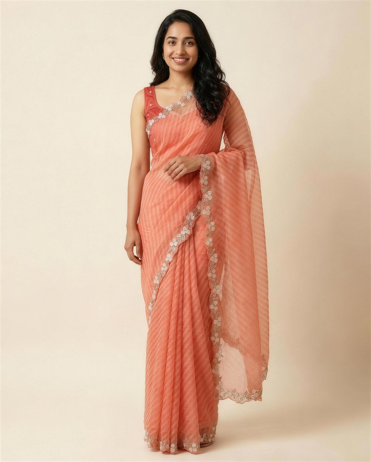 Orange Organza Embroidered Saree, On model