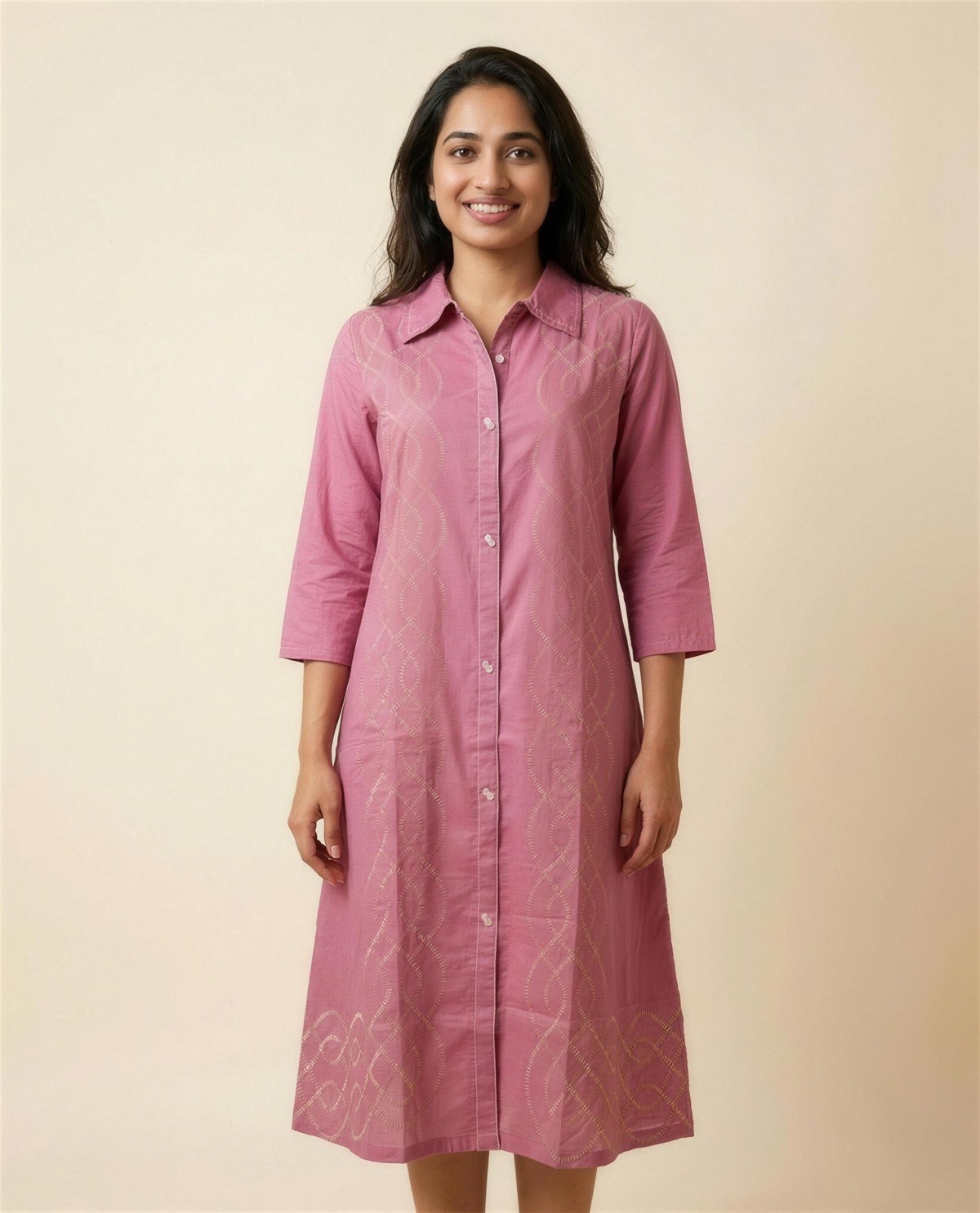 Pink Embroidered Shirt Dress, On model