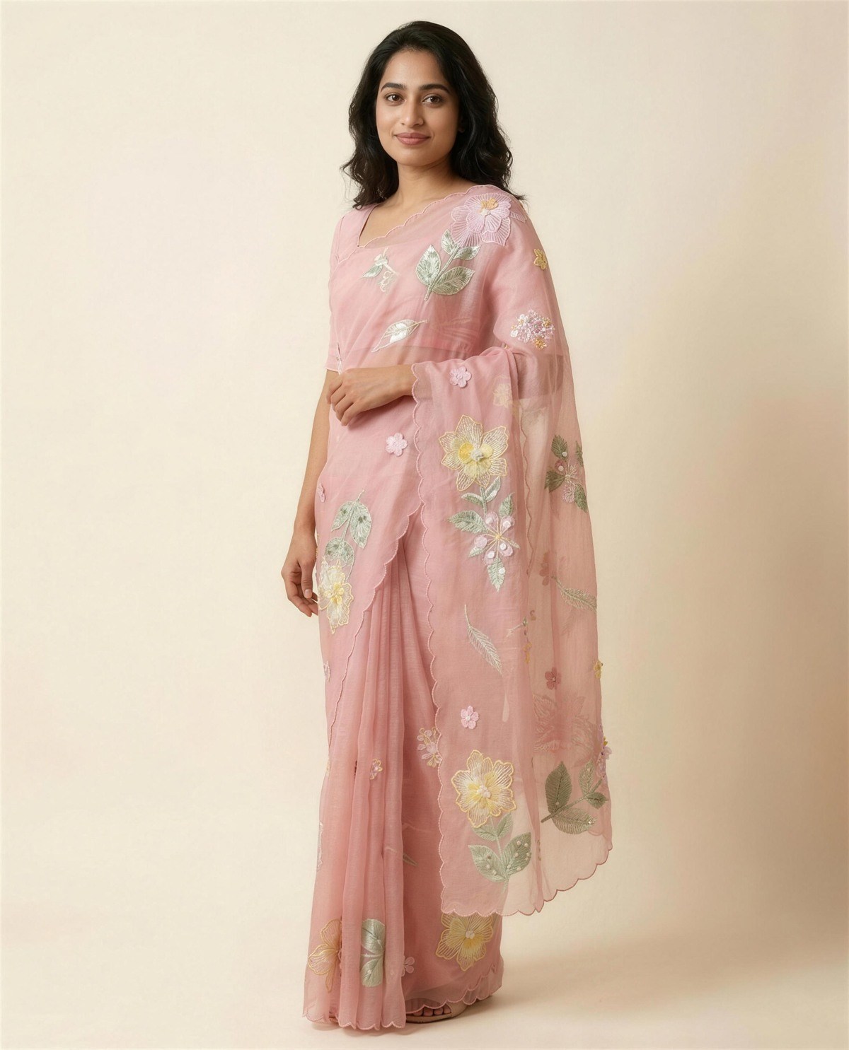 Pink Organza Applique Saree, On model