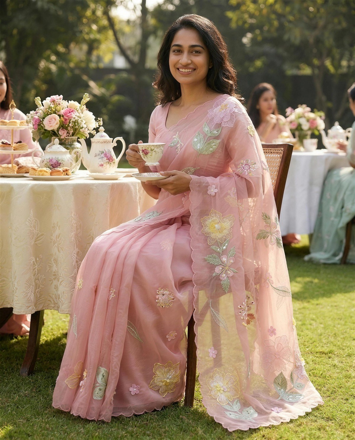 Pink Organza Applique Saree, Styled