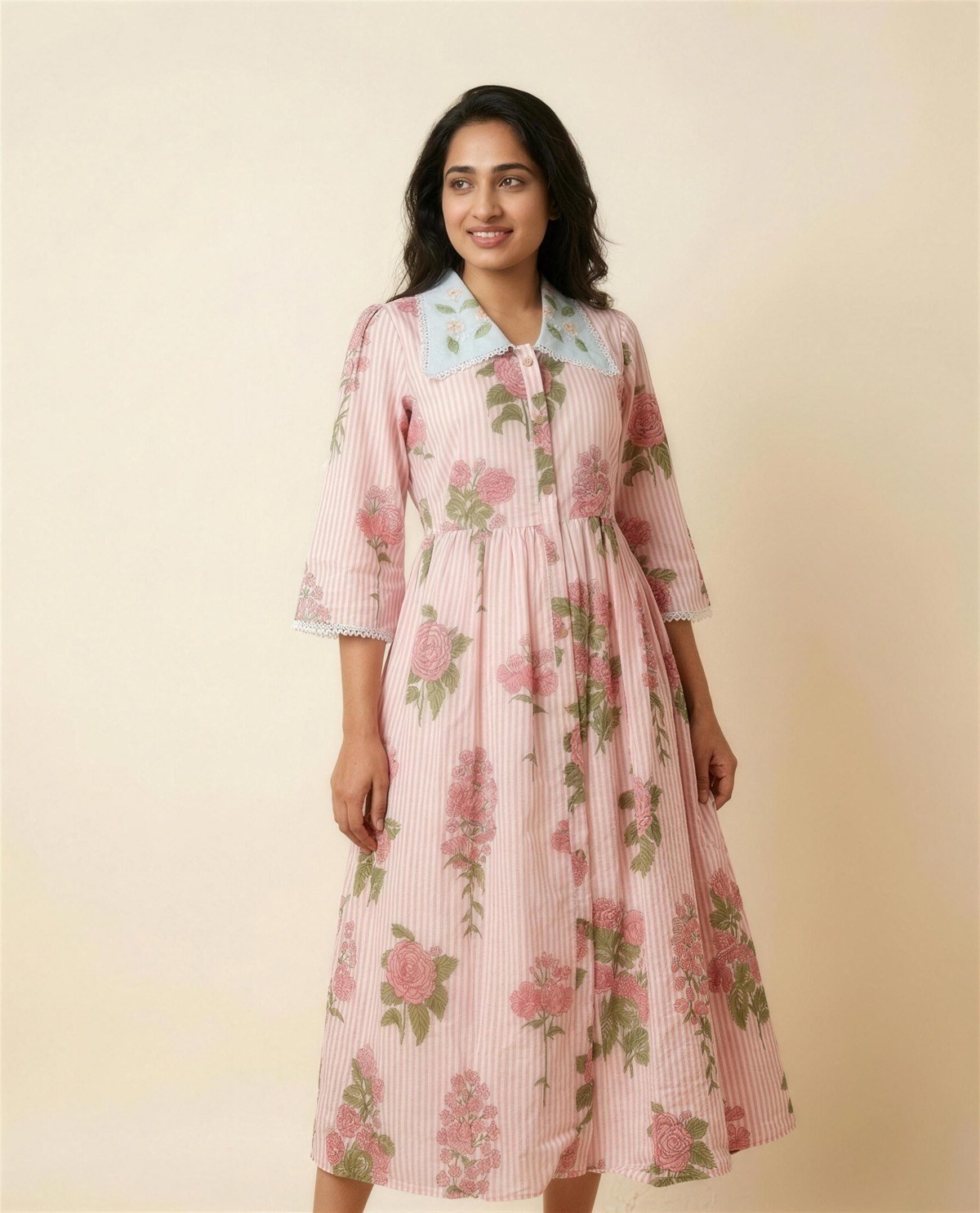 Pink Striped Collar Dress, On model