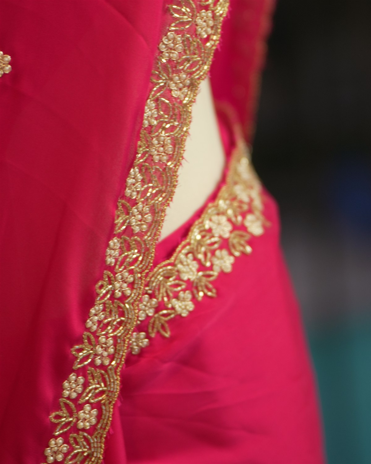 Rani Pink Embroidered Saree, Detail
