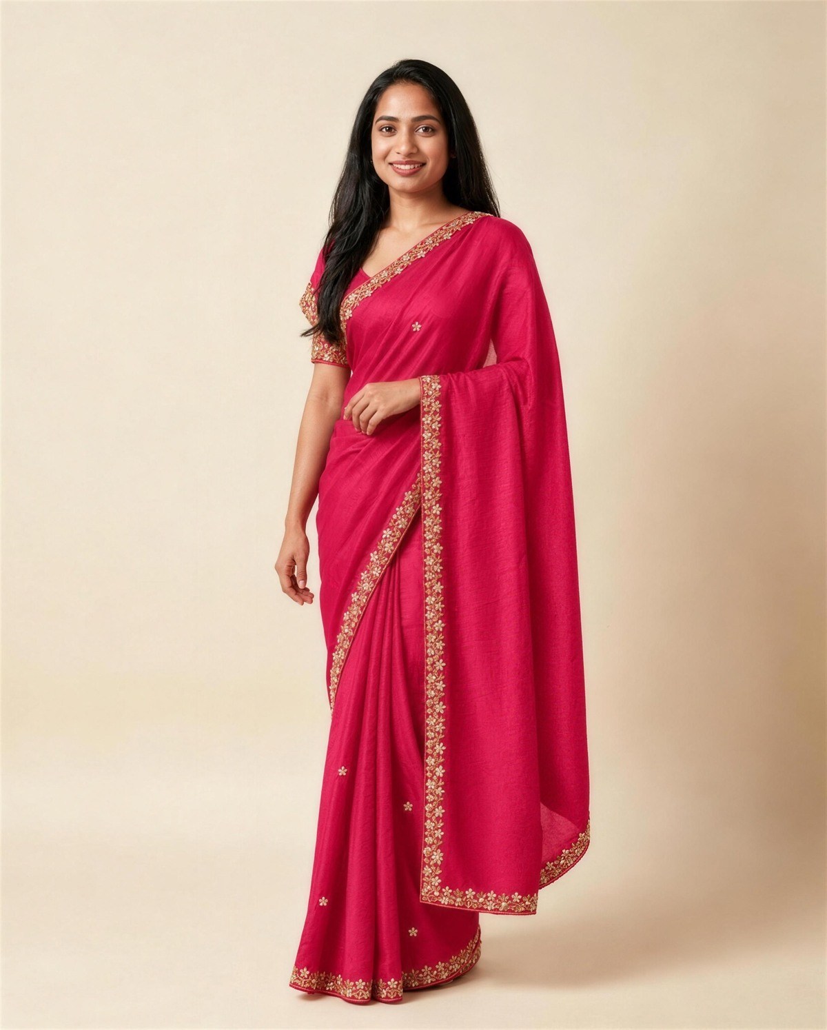 Rani Pink Embroidered Saree, On model