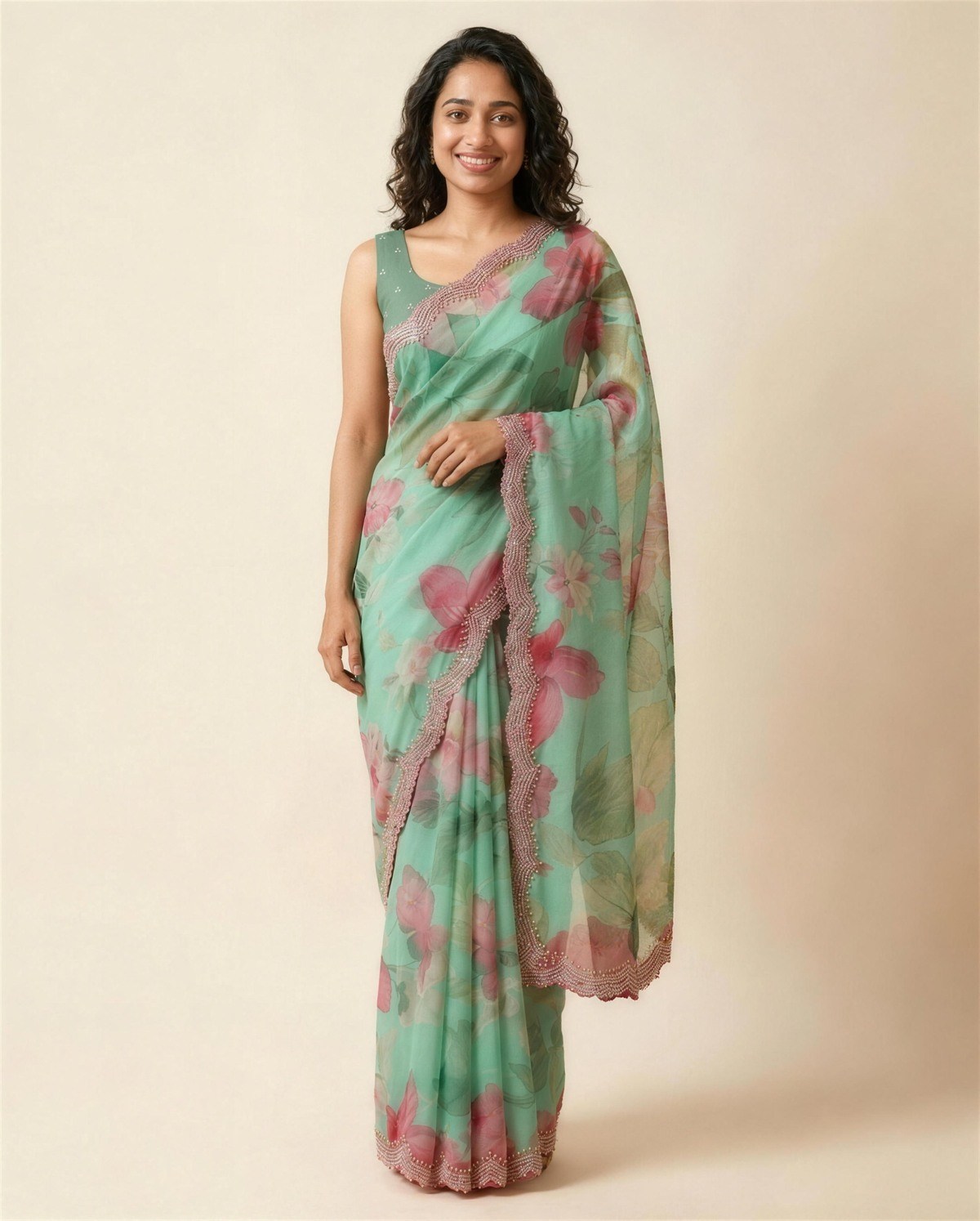 Sea Green Watercolour Saree, On model