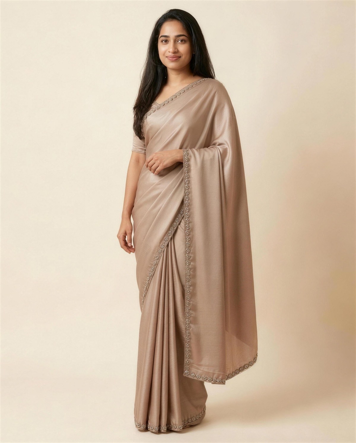 Taupe Embroidered Saree, On model
