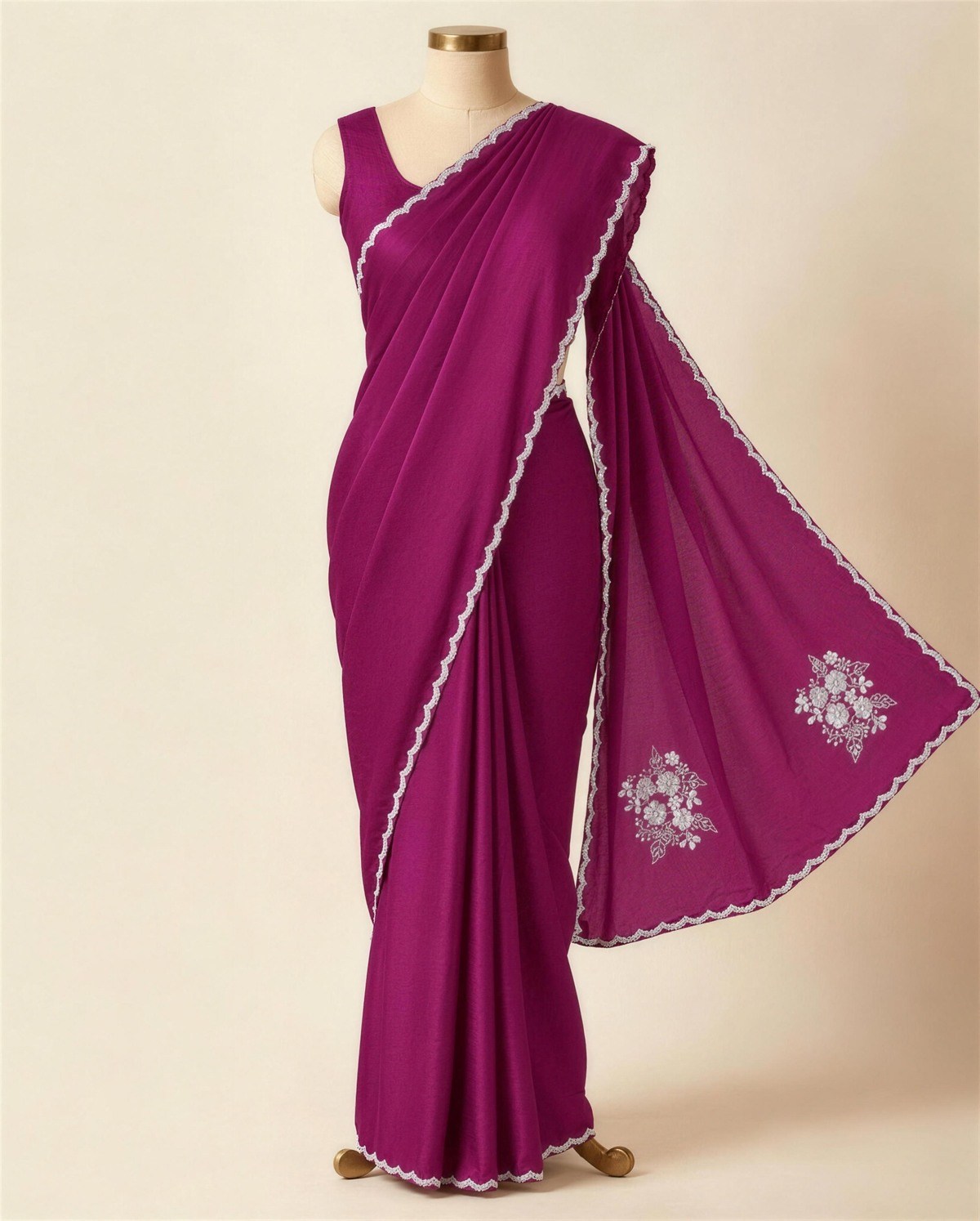 Wine Satin Pearl Motif Saree