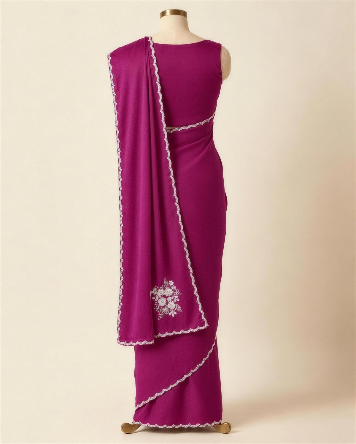 Wine Satin Pearl Motif Saree, Back