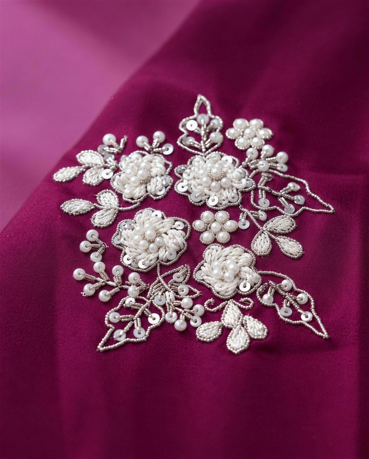 Wine Satin Pearl Motif Saree, Detail