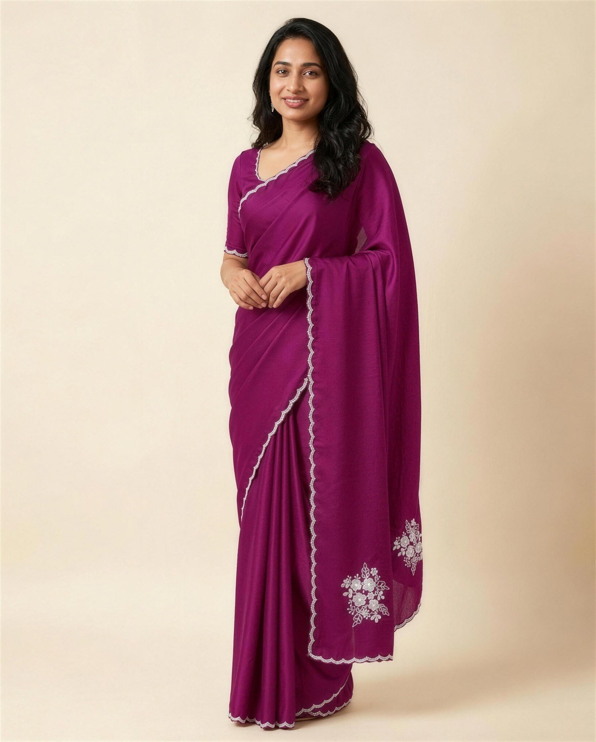Wine Satin Pearl Motif Saree, On model