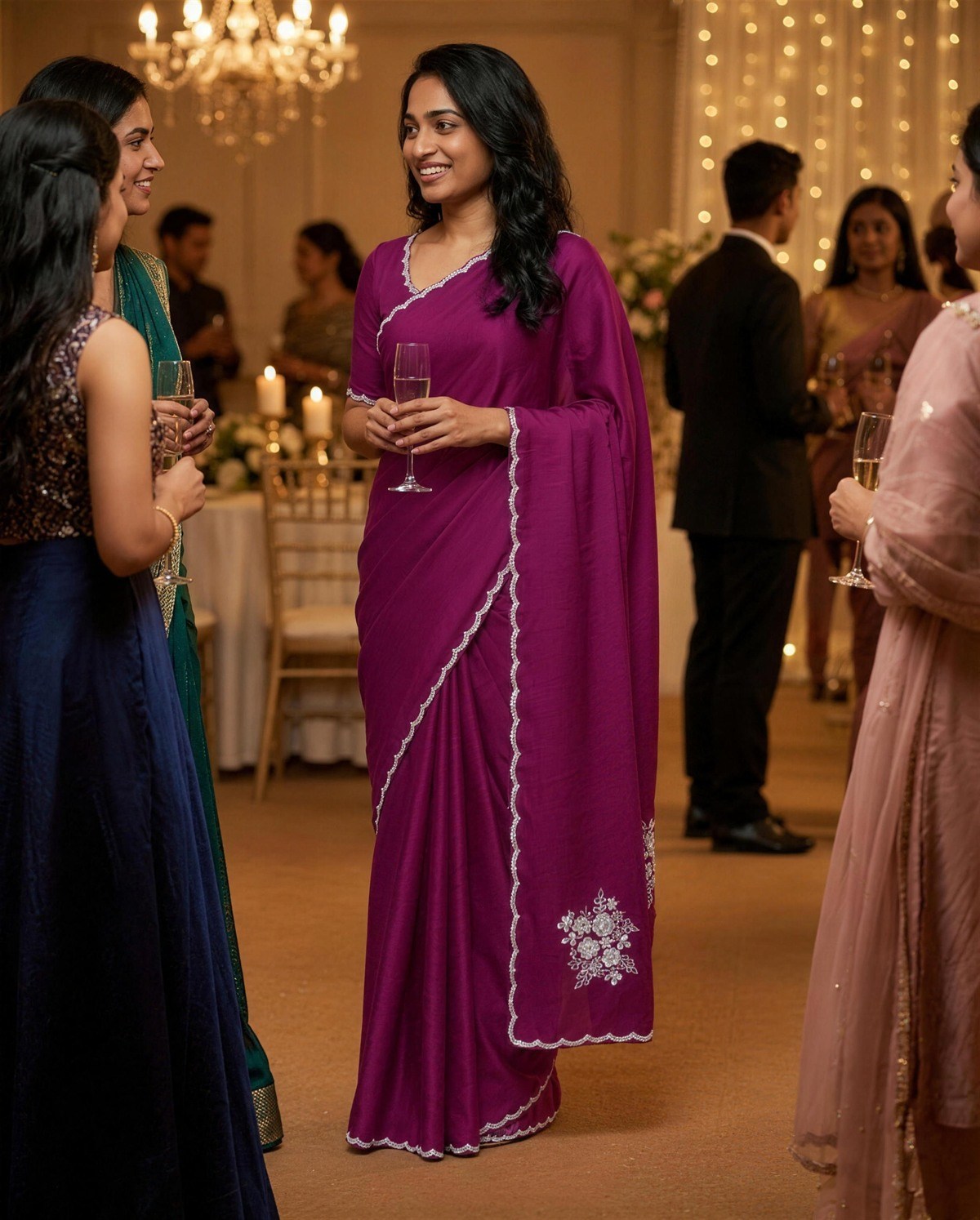 Wine Satin Pearl Motif Saree, Styled