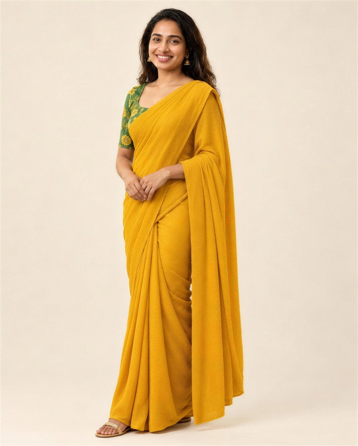 Yellow Crushed Crepe Saree, On model