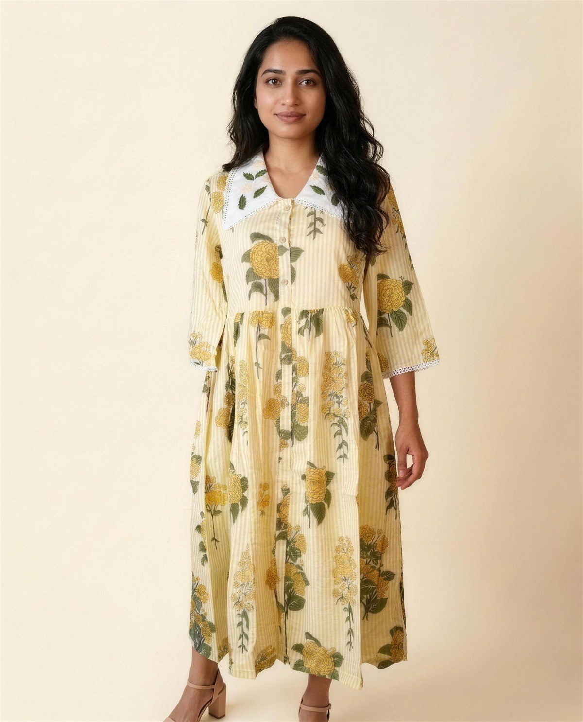Yellow Striped Collar Dress, On model